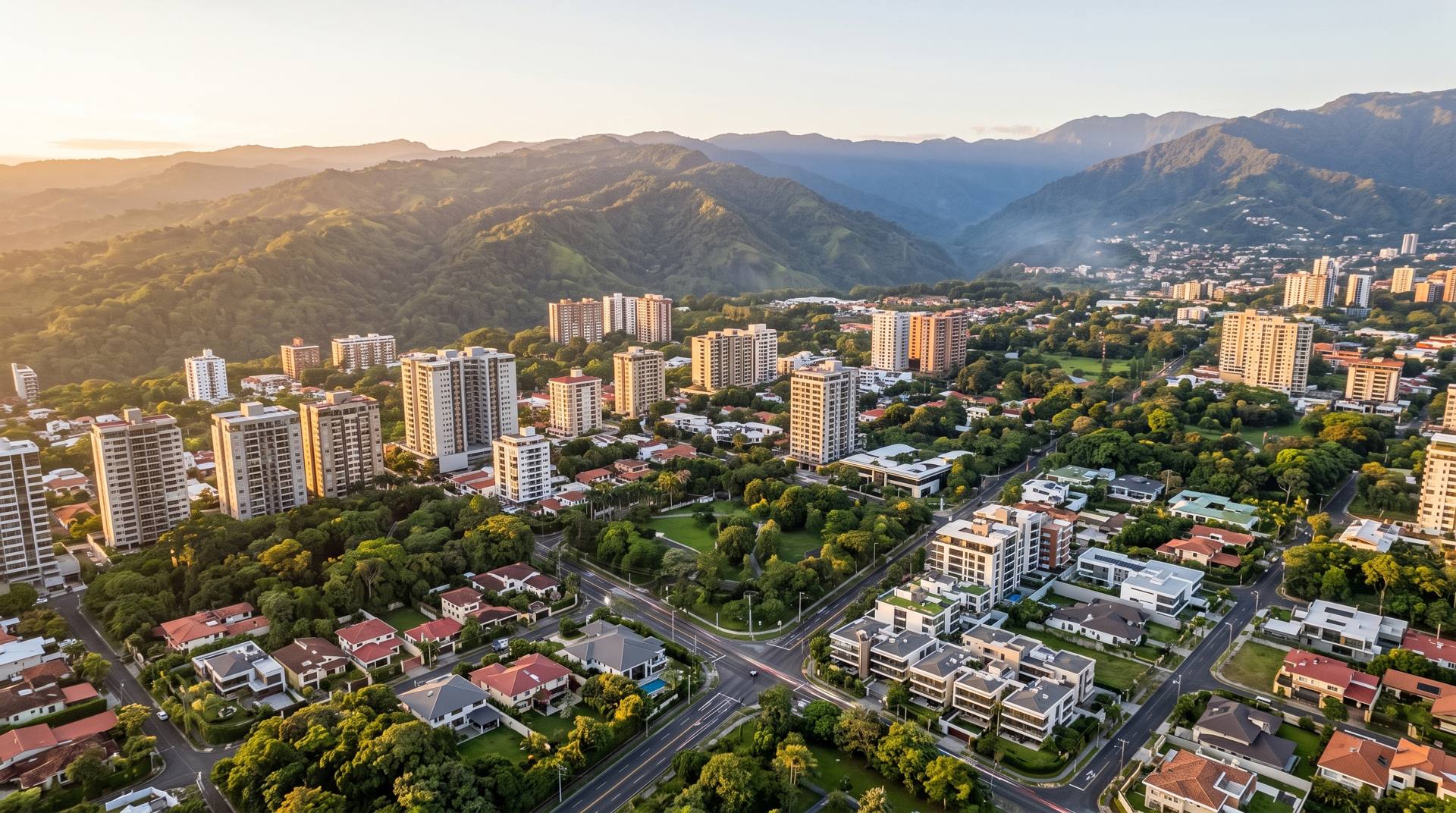 Vista aérea de una ciudad con torres residenciales y montañas